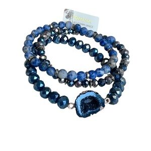 Pomina NWT‎ Dark/Light Blue Semi Precious Stone Geode Stretch Triple Bracelets